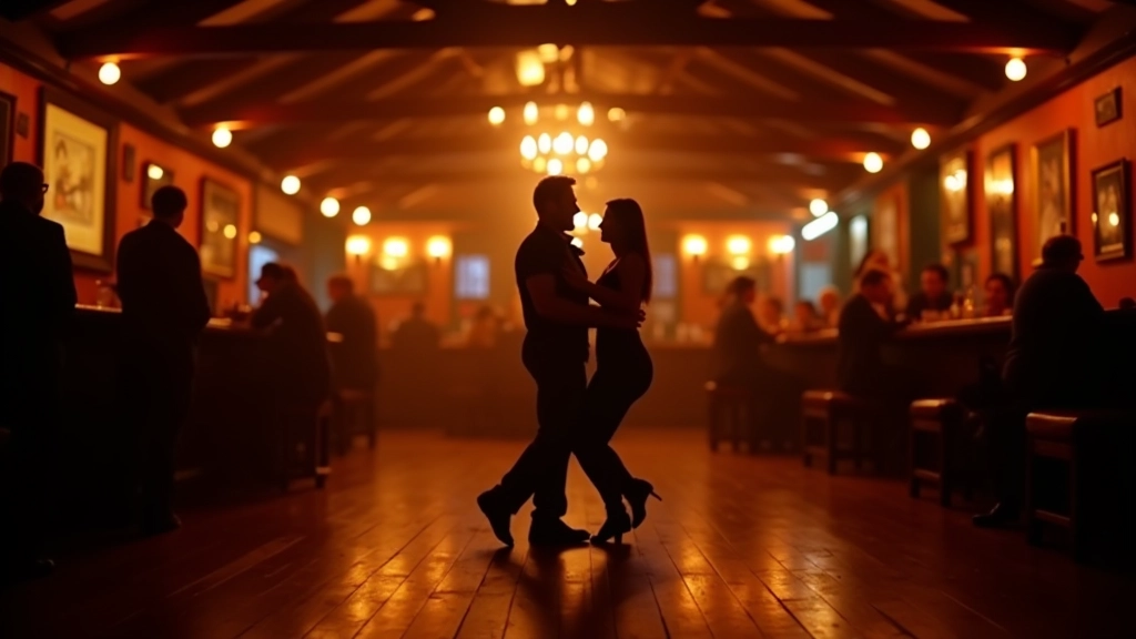 Dance floor with warm lighting showing couples in bachata position, traditional Irish venue setting with exposed beams