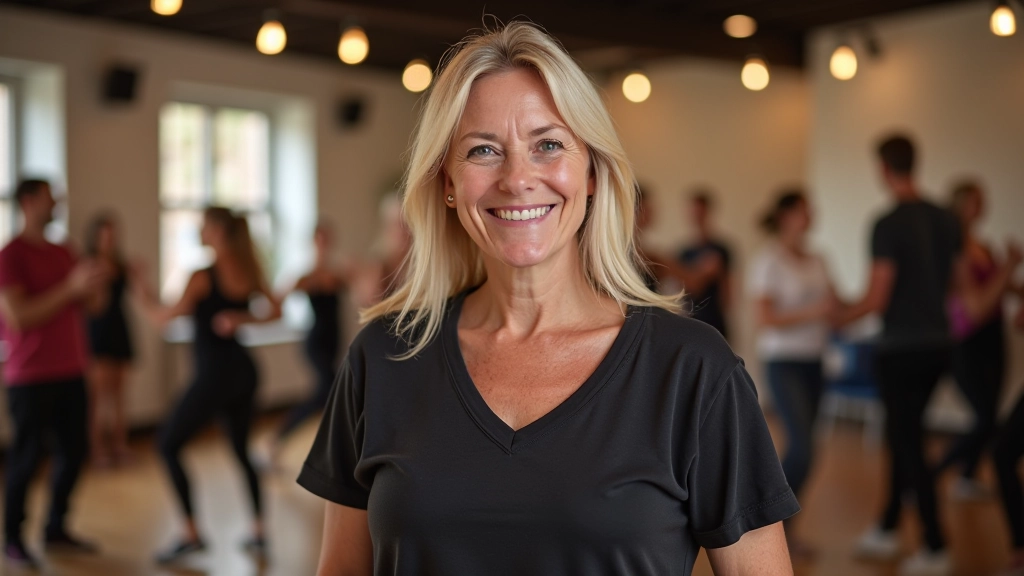 Professional salsa instructor smiling warmly in a training facility