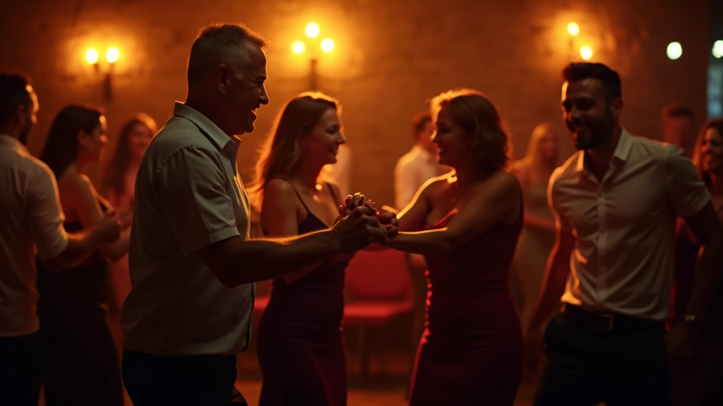 Mature adults enjoying bachata dance together in a lively Dublin venue with warm amber lighting and stone architecture
