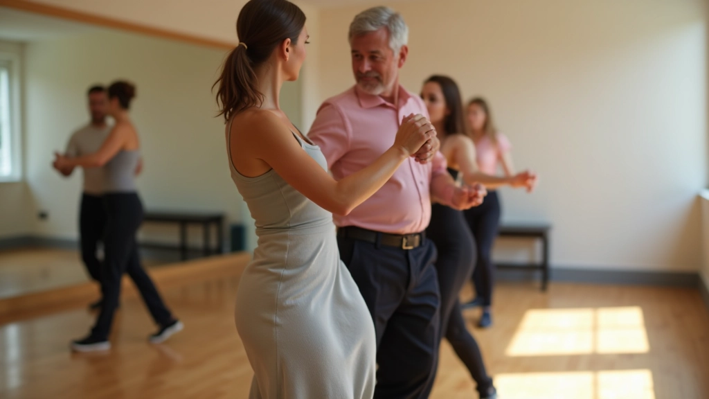 Instructor demonstrating basic salsa steps with a student in a bright dance studio