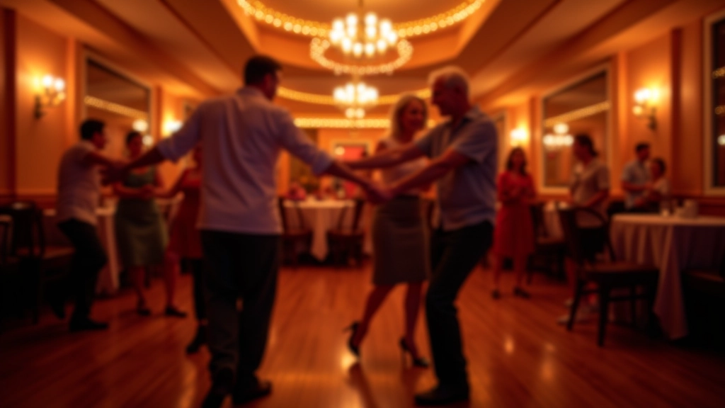 Mature adults enjoying Latin dance at a social event in Dublin with warm ambient lighting