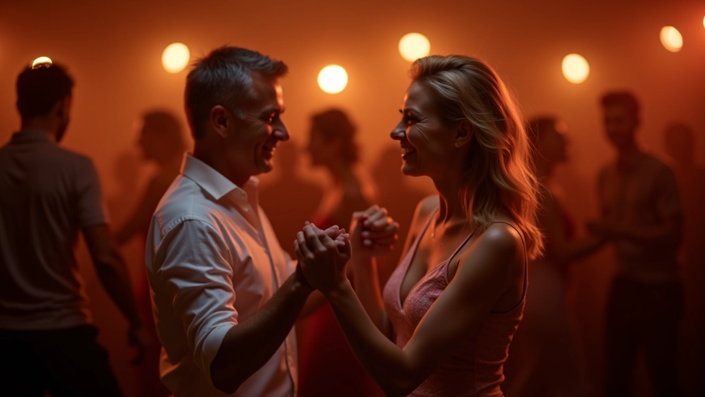 Mature adults dancing together at a social dance event with warm ambient lighting